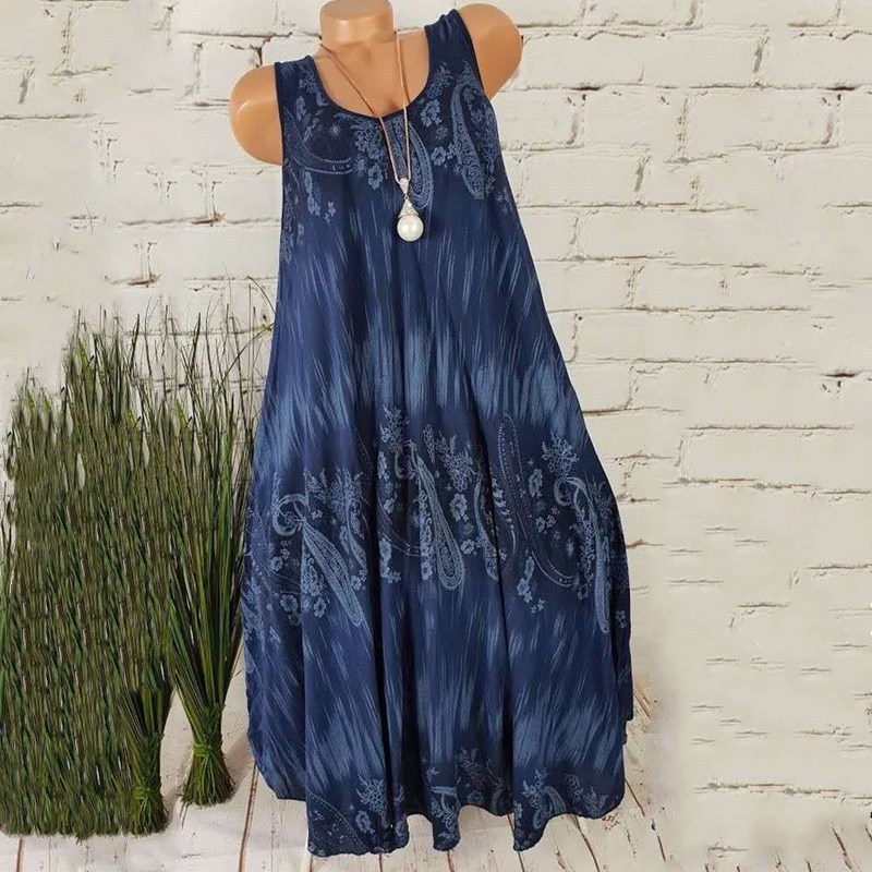 Women's Digital Print A-Line Midi Dress Sleeveless High Waist