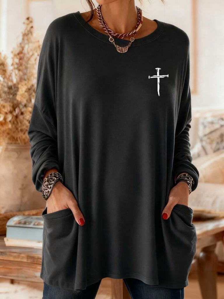 Women's Cross Print A-Line Midi Dress Long Sleeve Crew Neck Casual