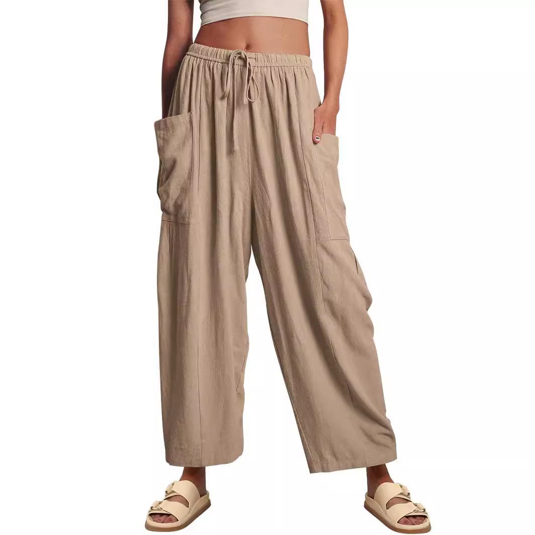 Women's Pleated Straight-Leg Cropped Pants with Elastic Waist