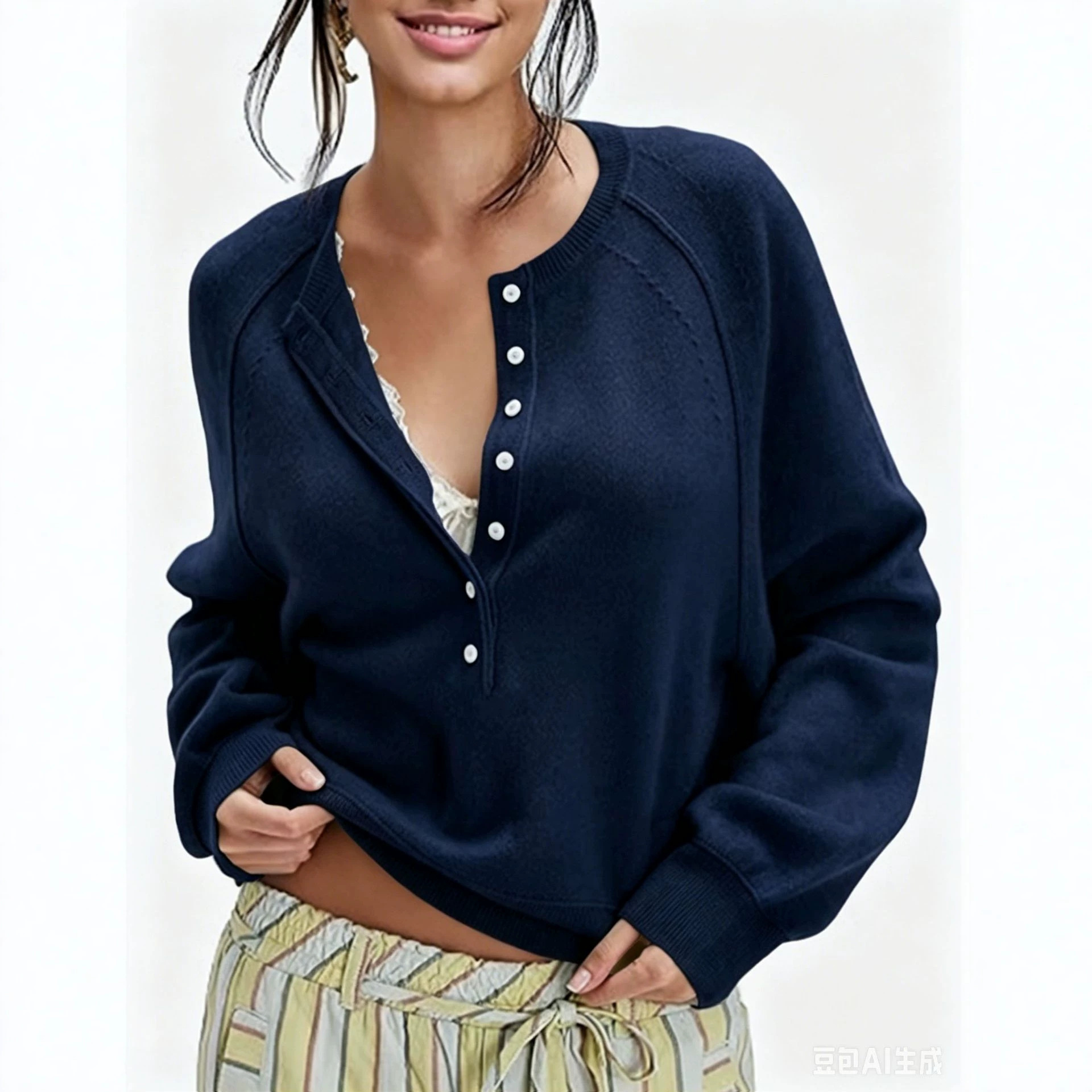 Women's Button-Front Half-Open Neck Sweater Loose Knit Top