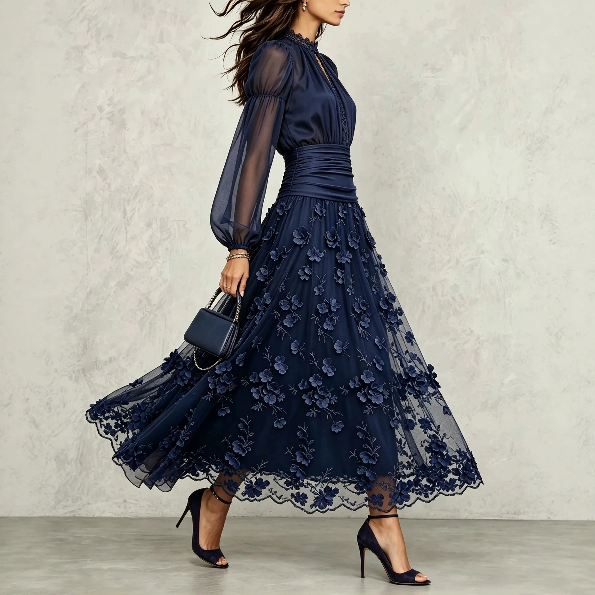 Navy Blue Mesh 3D Floral Long Dress with Stand Collar and Puff Sleeves