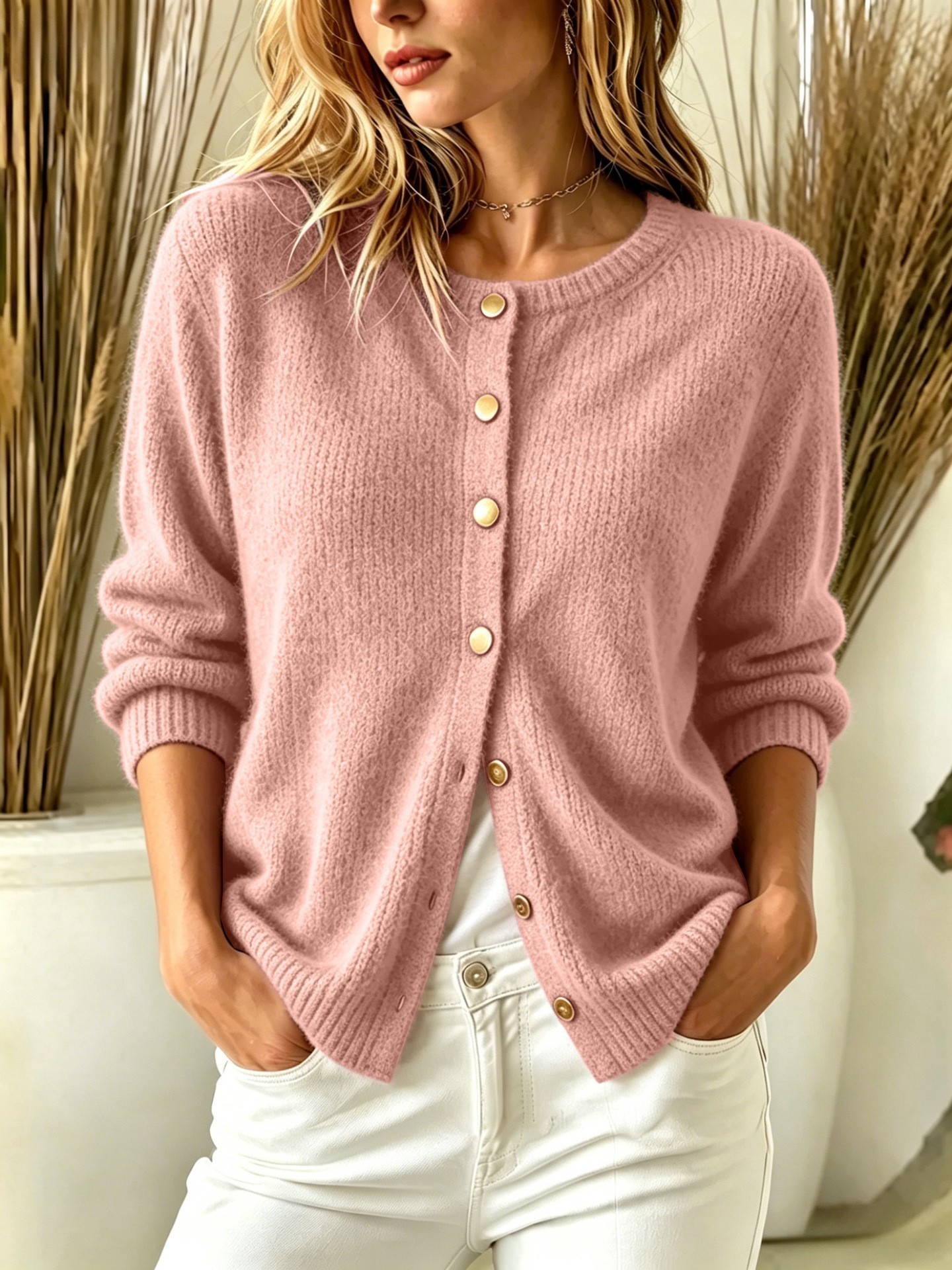 Women's Solid Button-Front Knit Cardigan Long Sleeve Crew Neck Sweater