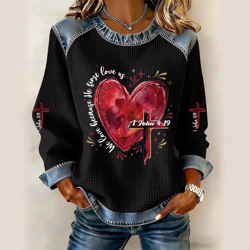 Women's Heart Cross Letter Print Crewneck Sweatshirt