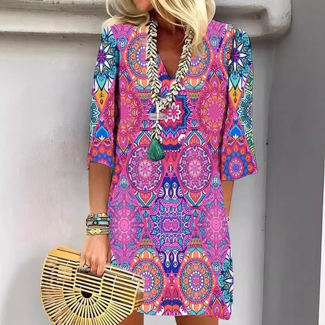 V-Neck Floral Print Loose Casual Midi Dress