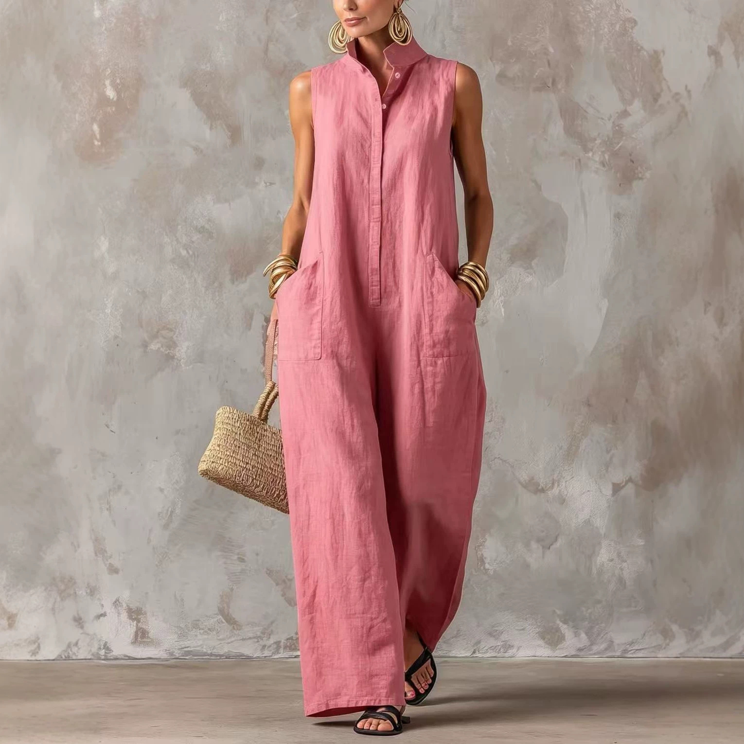 Women's Linen-Blend Sleeveless Button-Front Jumpsuit with Stand Collar