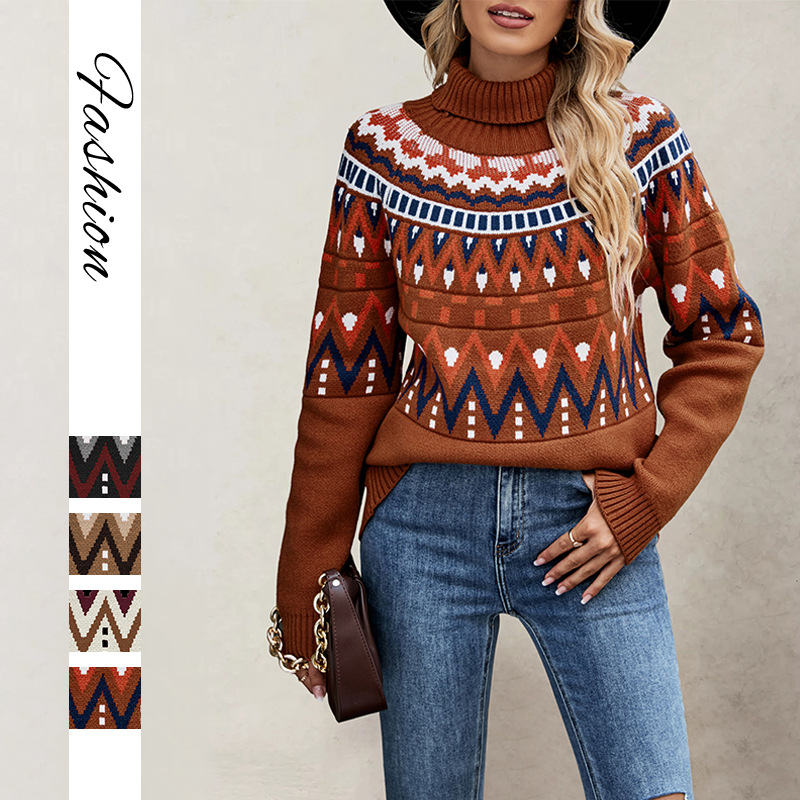 Retro Striped Color-Block Turtleneck Loose Knit Sweater