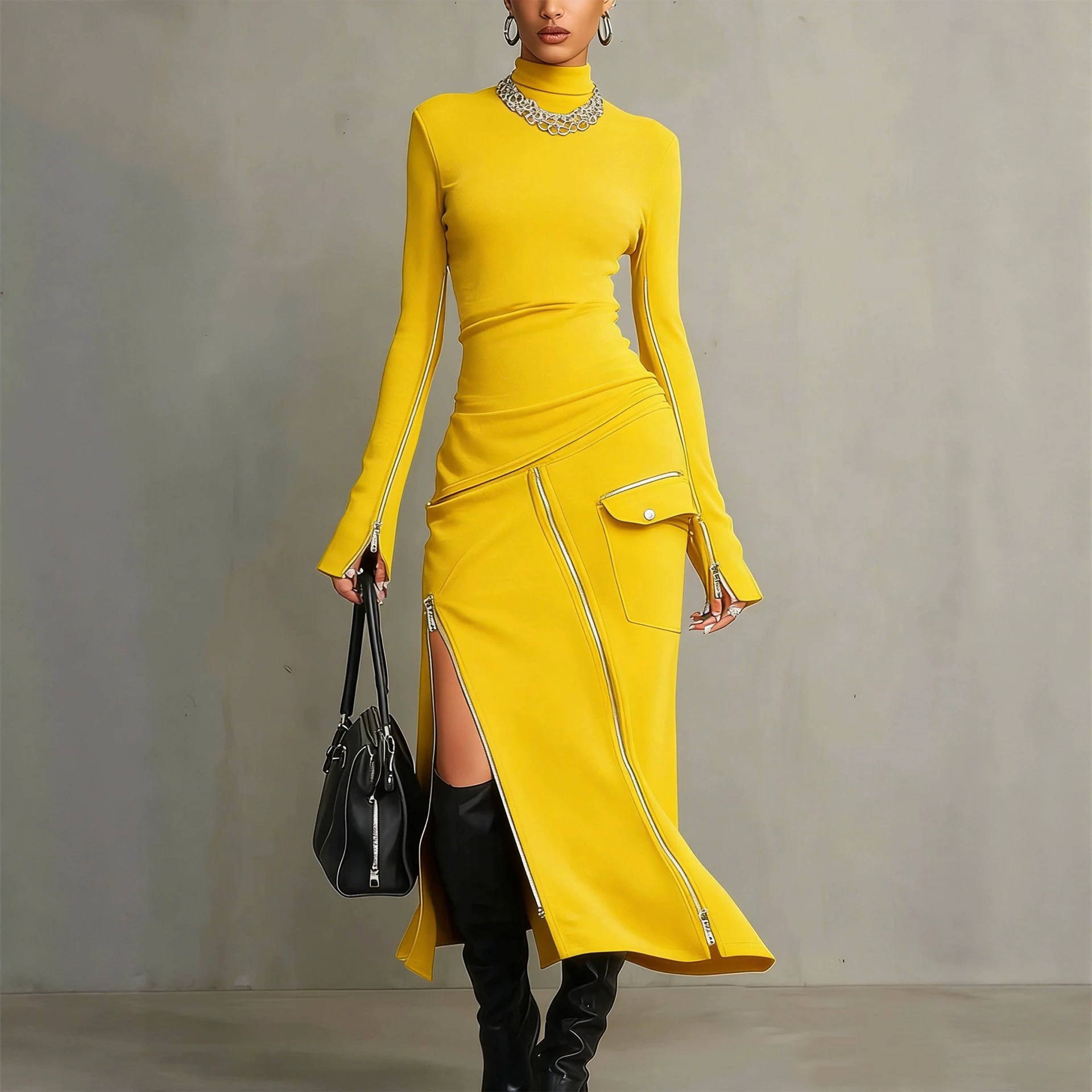 Minimalist Side-Zip Bodycon Midi Dress with Shoulder Pads