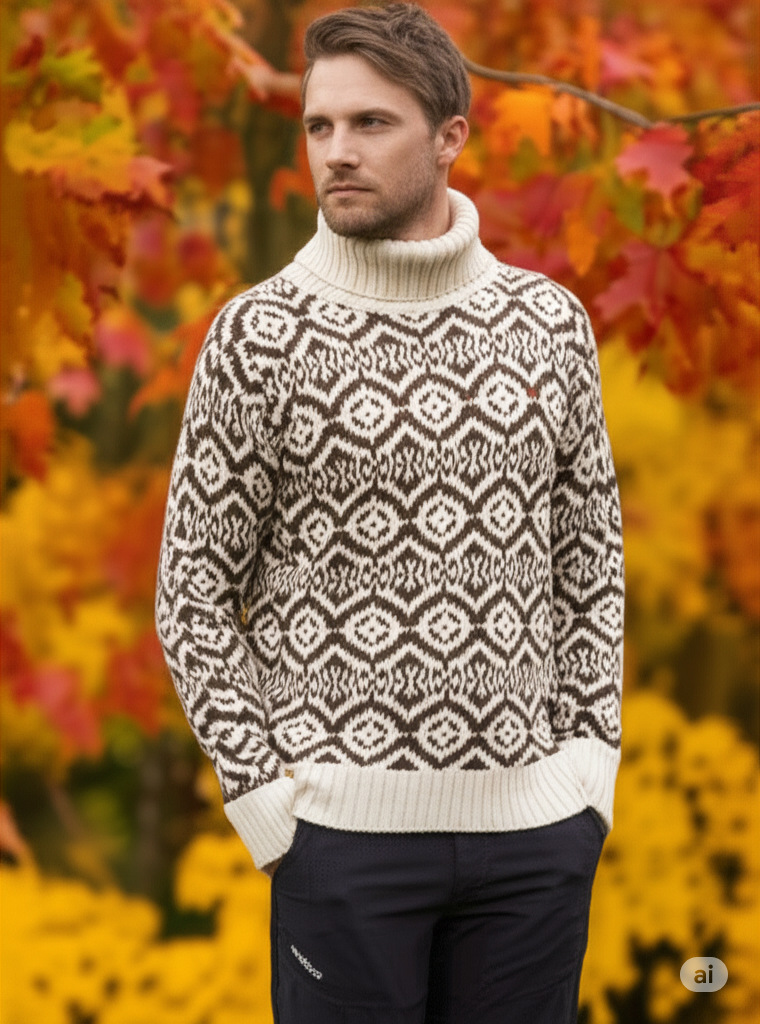 Men's Retro Argyle Turtleneck Sweater Loose Fit Pullover Knit