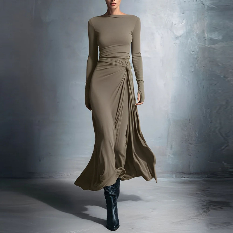 Women's Solid Wrap Long Dress with Knot Detail Long Sleeve