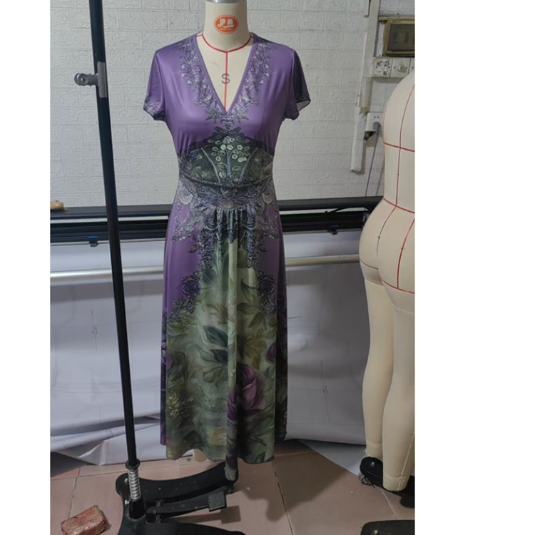 Plus Size Loose Fit A-Line Dress with Creative Totem Print, Deep V-Neck Short Sleeve