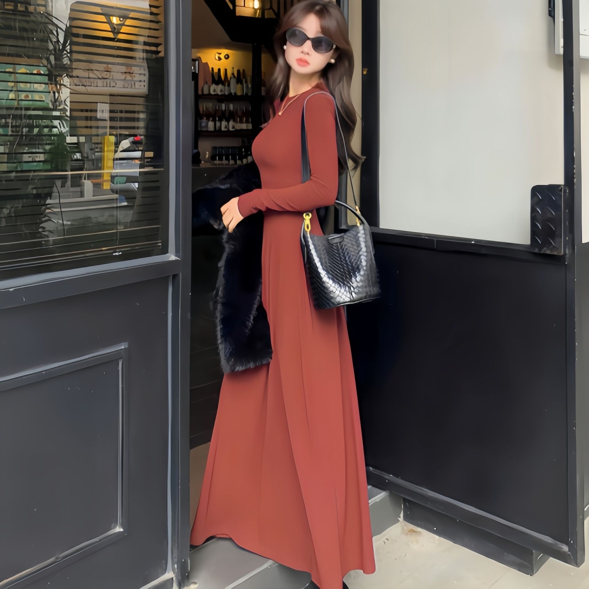 Hepburn Style Black Long Sleeve Dress Slim Fit A-Line