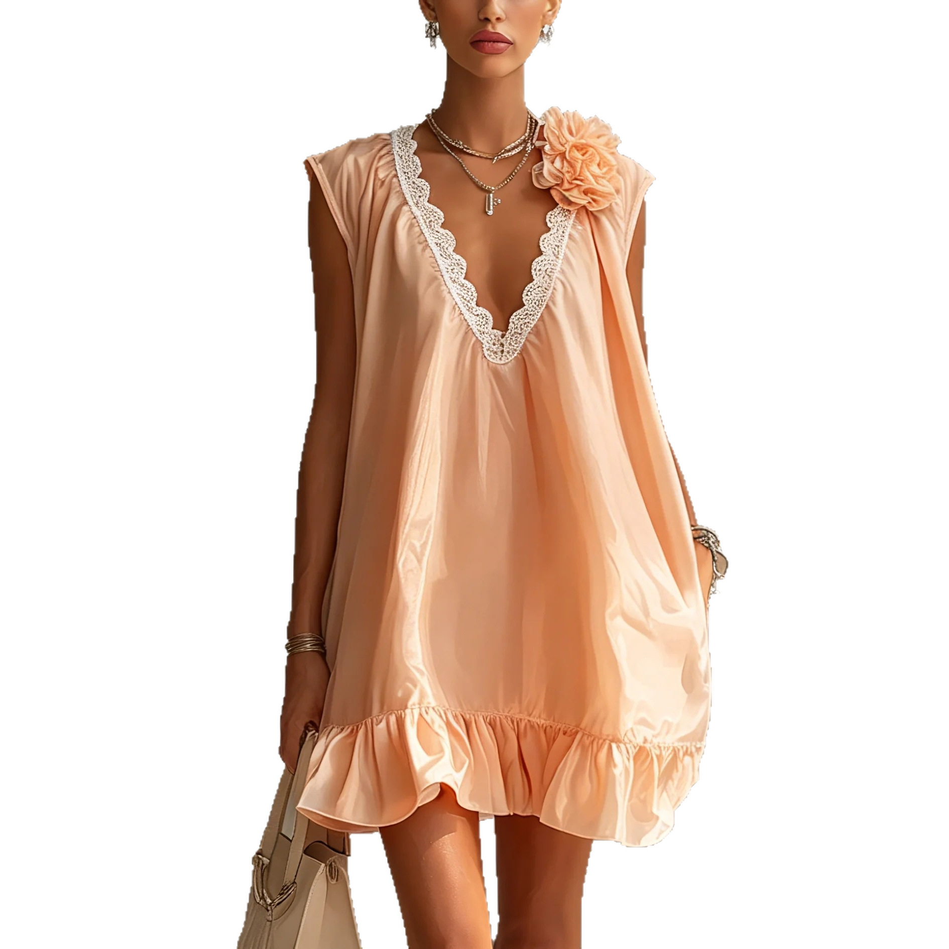 Nude Pink Lace V-Neck Sleeveless A-Line Mini Dress with 3D Floral Ruffle Chiffon