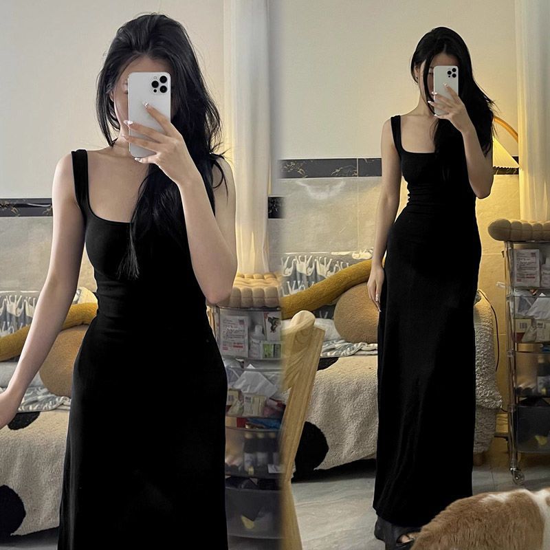 Blue French Sleeveless Bodycon Midi Dress Square Neck Slimming