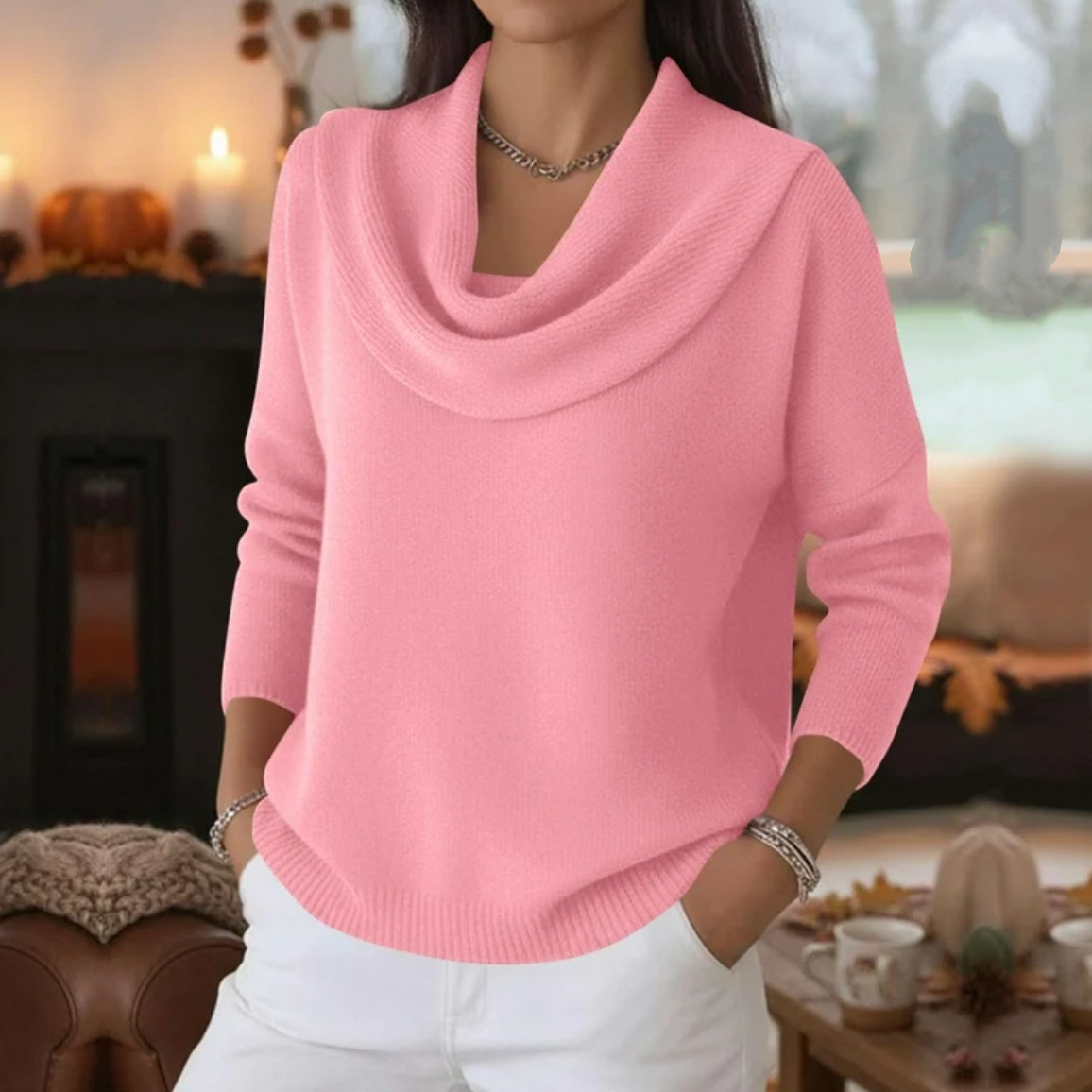 Women's Solid Color Long Sleeve Cowl Neck Knit Pullover Sweater