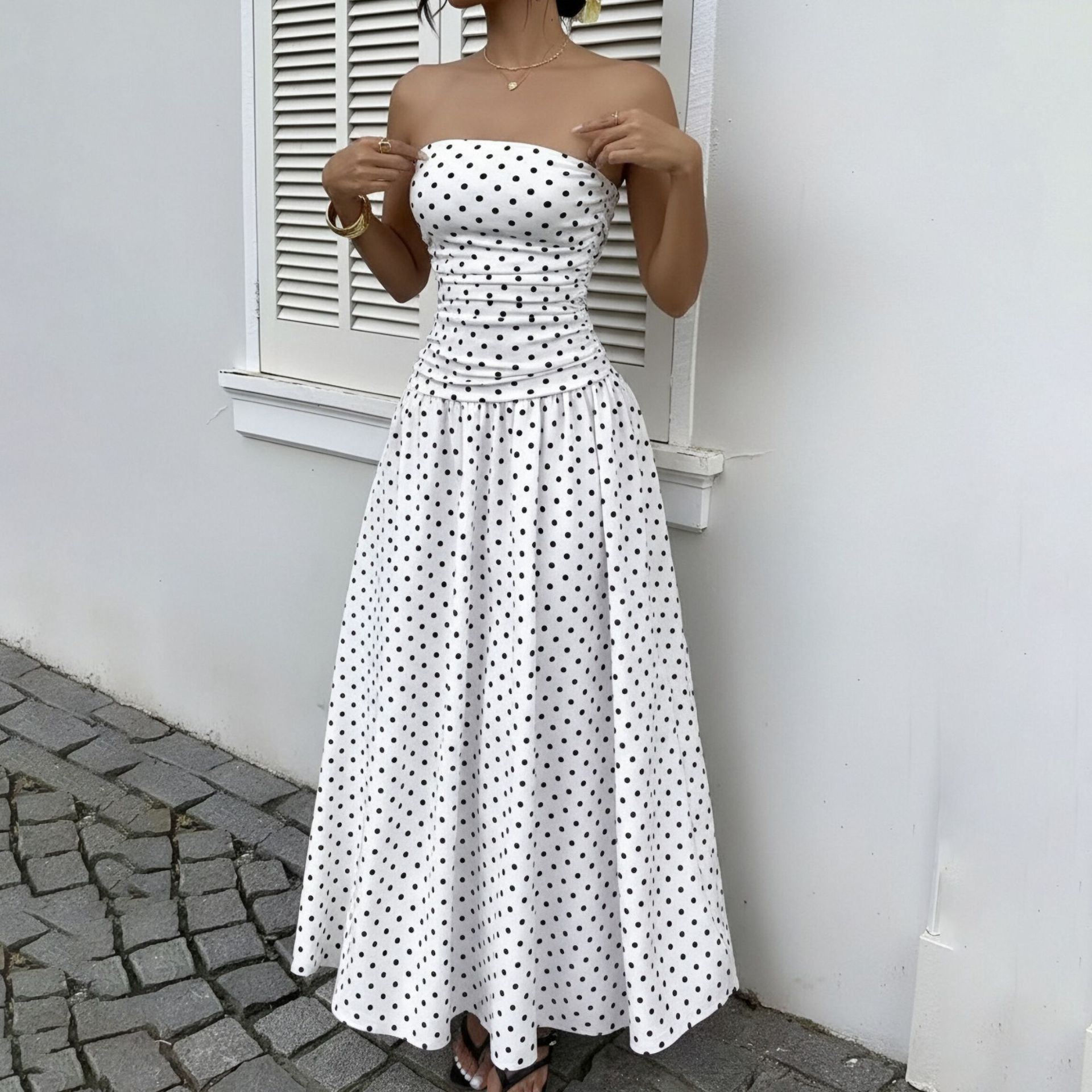 Women's Strapless Polka Dot French Vintage Bodycon Midi Dress
