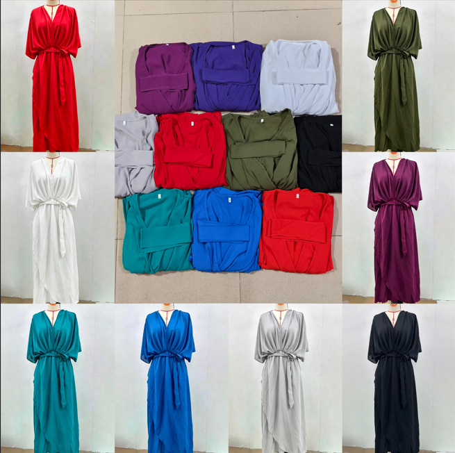 Women's Solid Color Tie-Waist Batwing Sleeve Irregular Long Dress Plus Size