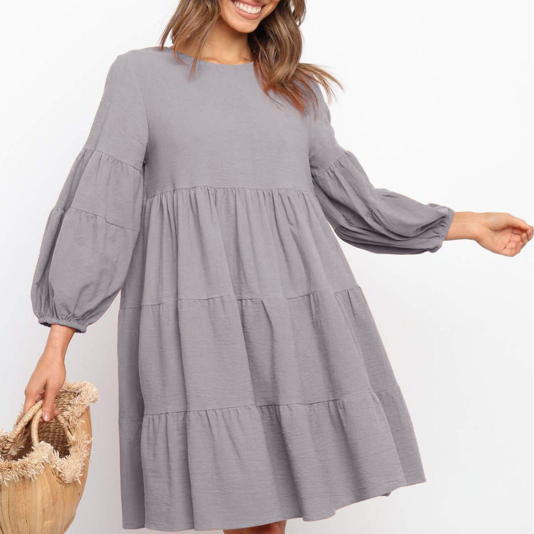 Women's Cotton-Linen Lantern Sleeve Patchwork Loose Flared Midi Dress