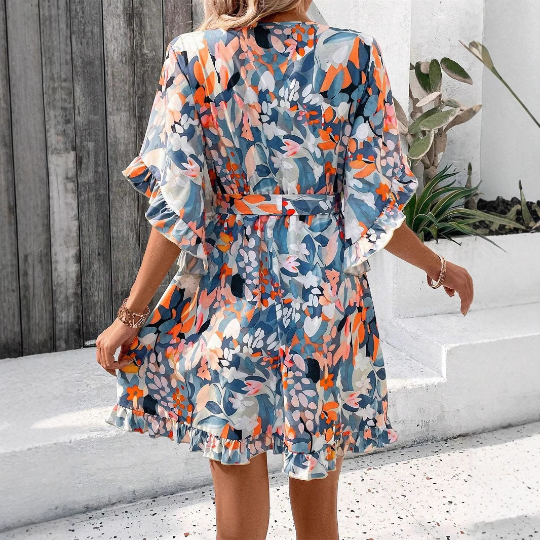 Floral Print Short Sleeve A-Line Midi Dress
