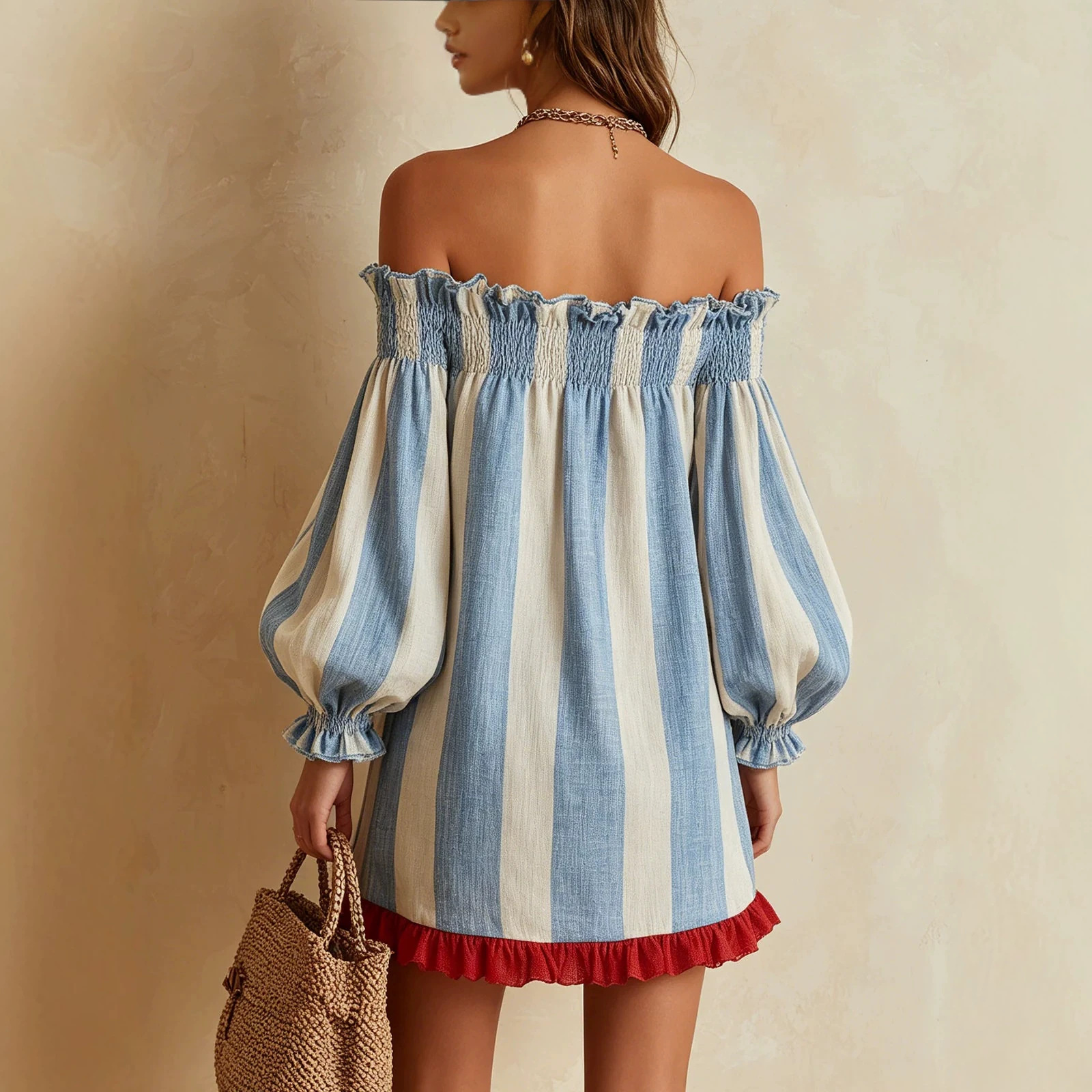 Blue & White Vertical Striped Off-Shoulder Puff-Sleeve Mini Dress with Contrast Ruffle Trim