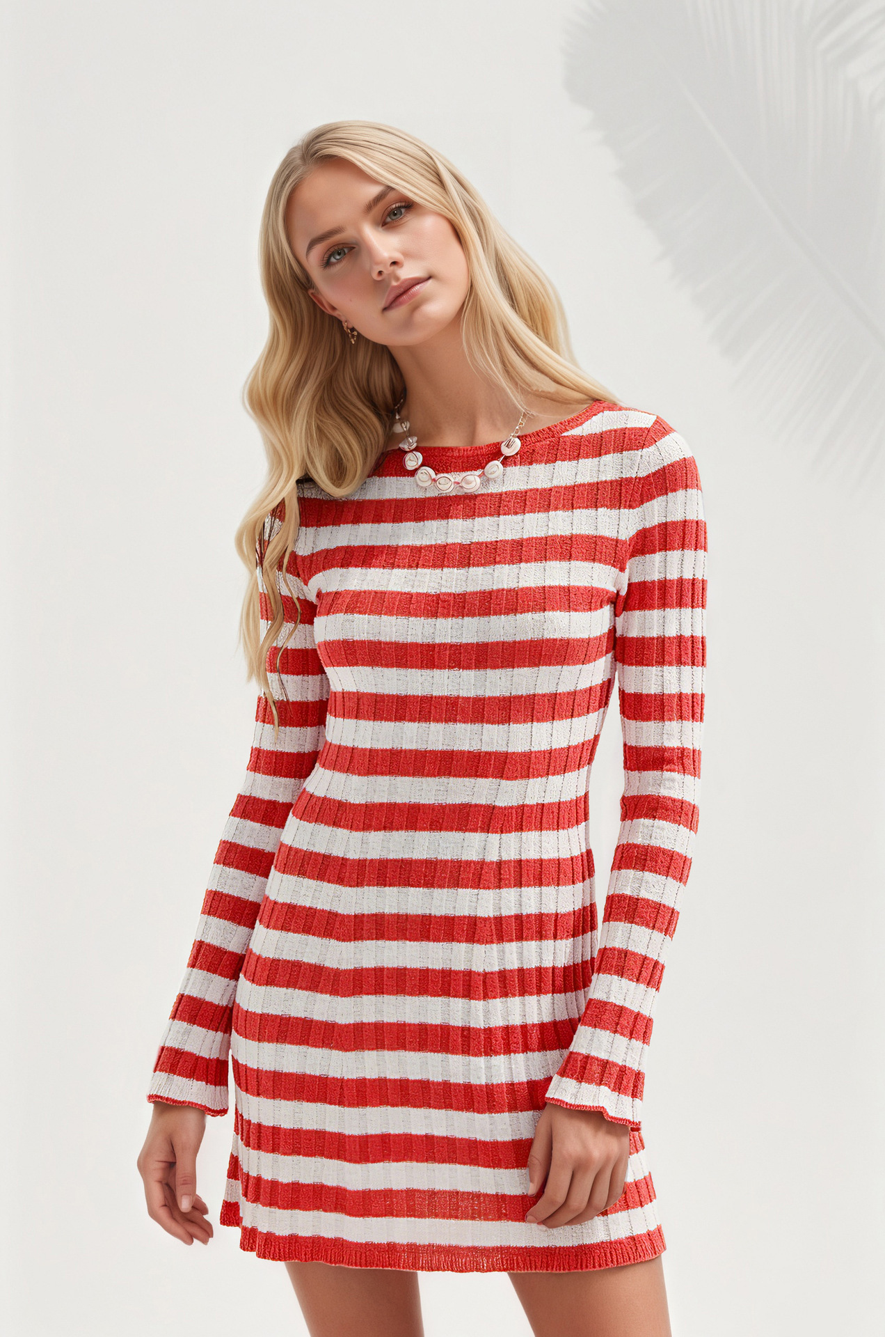 Striped Knit Sweater Dress Crewneck Long Sleeve High Waist