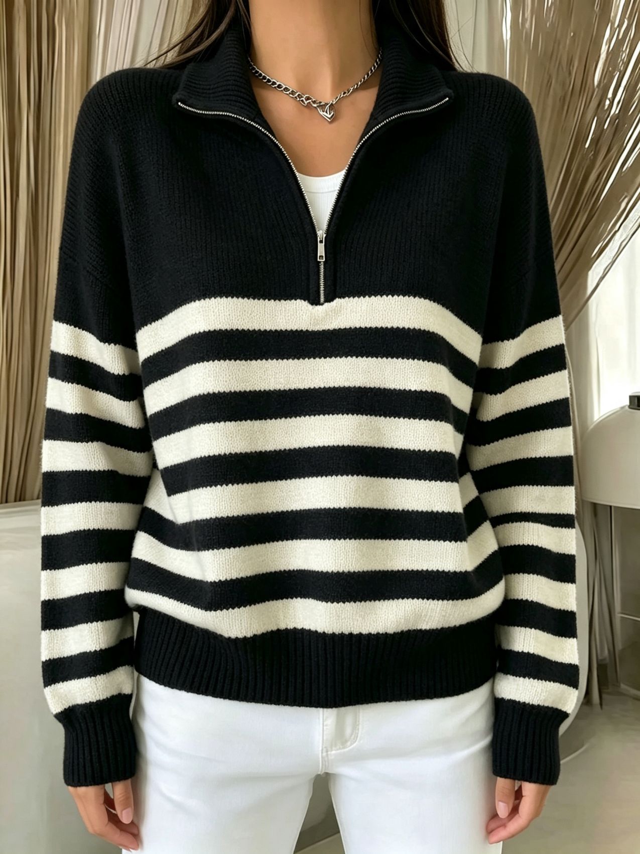 Striped Color-Block Half-Zip Sweater