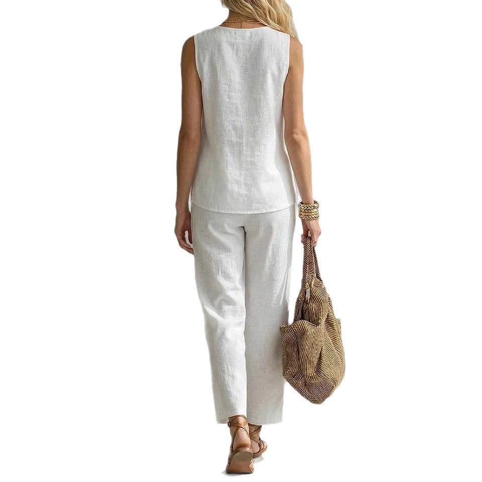 Women's Cotton Linen Sleeveless V-Neck Top and Pants Set Solid Color