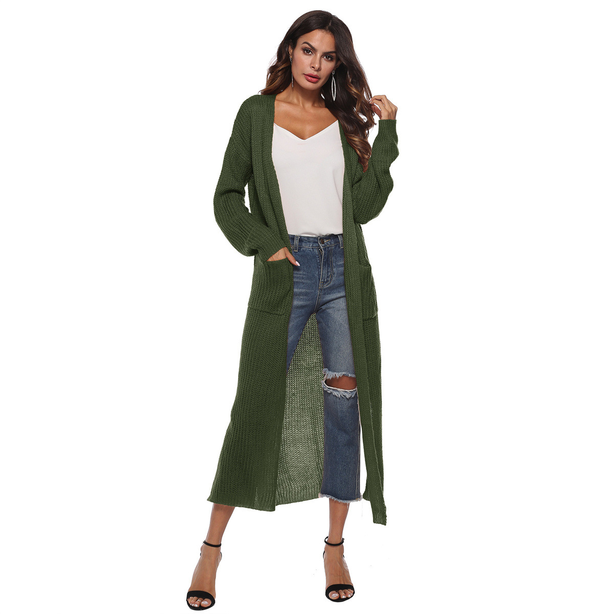 Mohair Cardigan Women's Long Open Front Split Pocket Sweater Coat