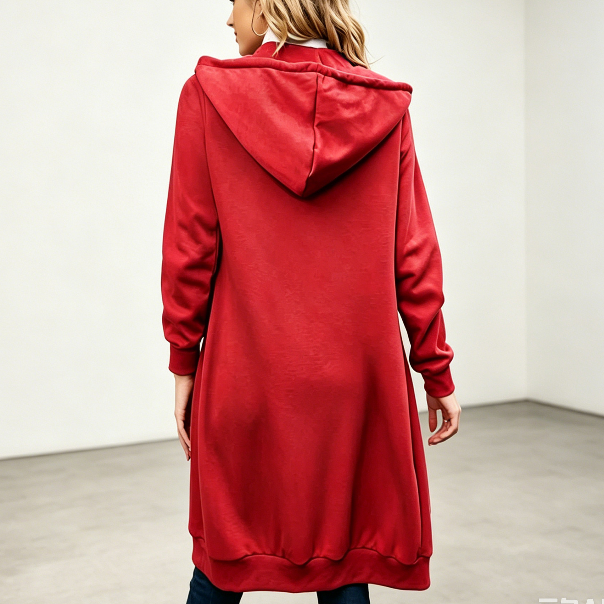 Red Hooded Long Zip-Up Sweatshirt Cardigan