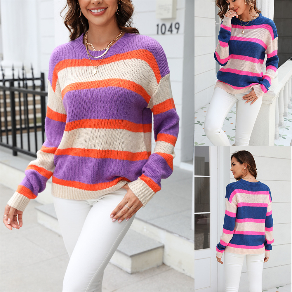 Wide Striped Color-Block Pullover Knit Sweater