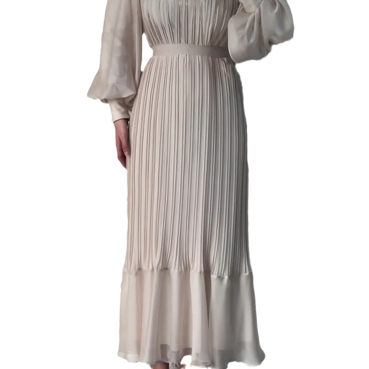 Women's Long Sleeve Mesh Panel Pleated Ruffle Hem Maxi Dress