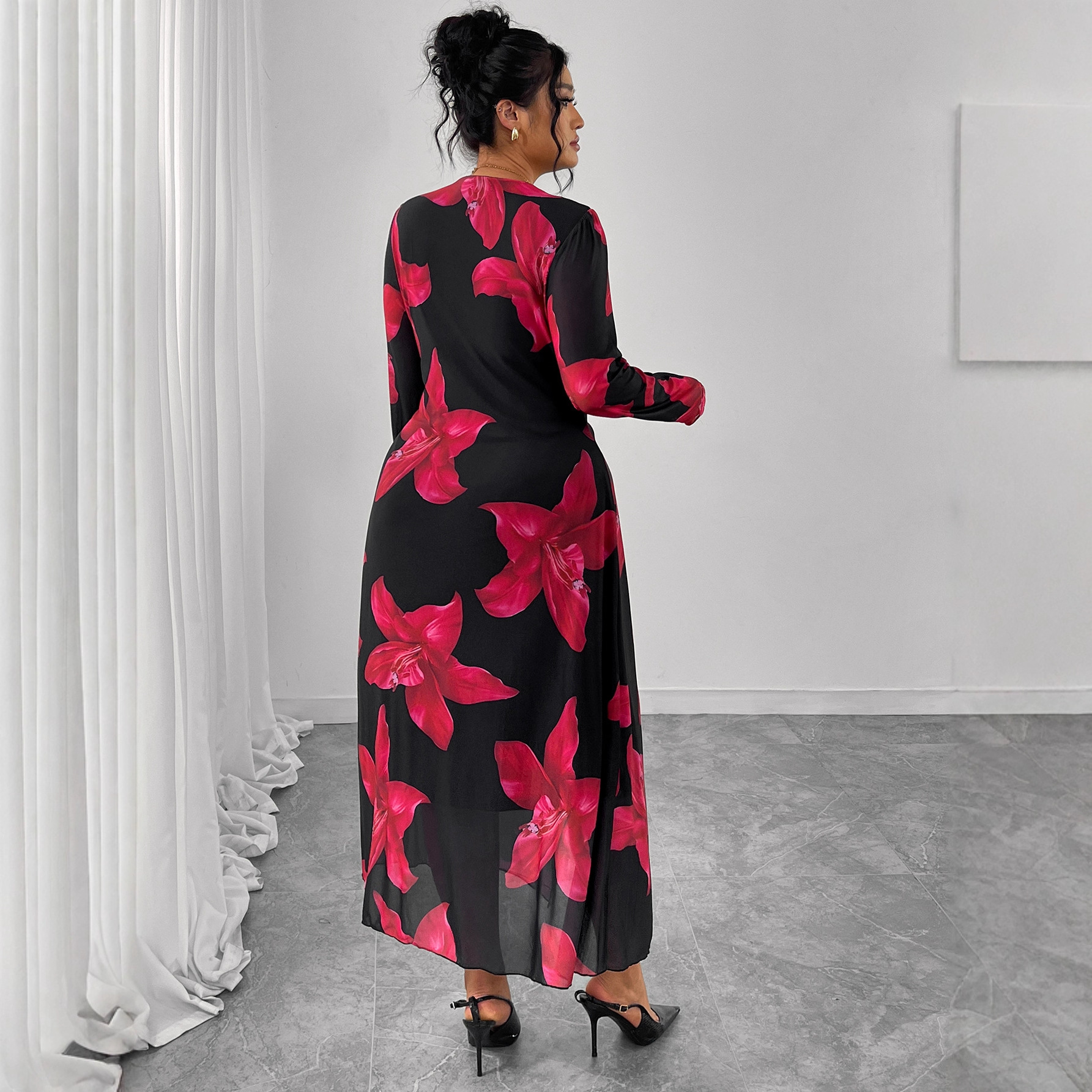 Floral V-Neck High-Waist Long Dress