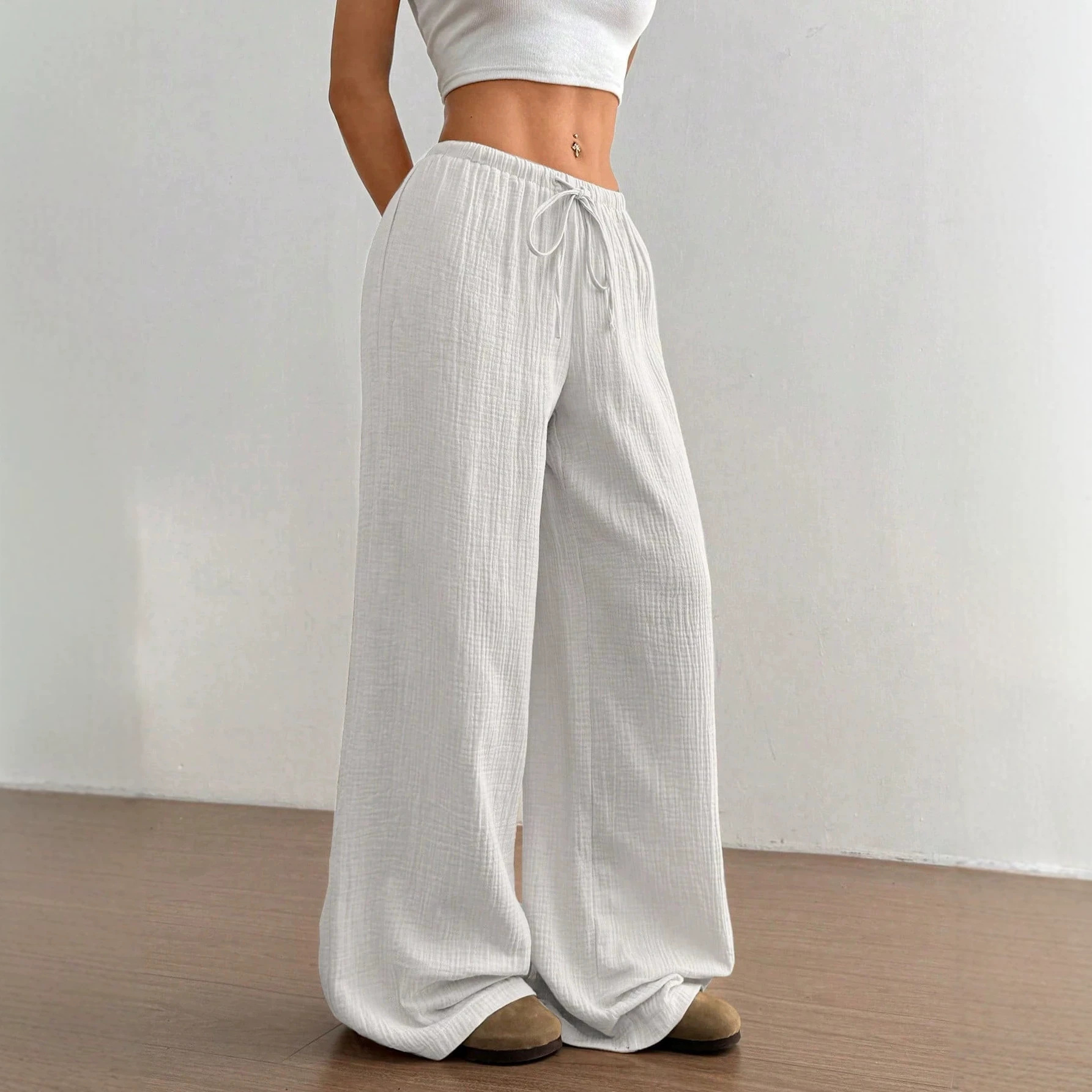 Women's Pure Cotton Solid Color Wide-Leg Floor-Length Pants