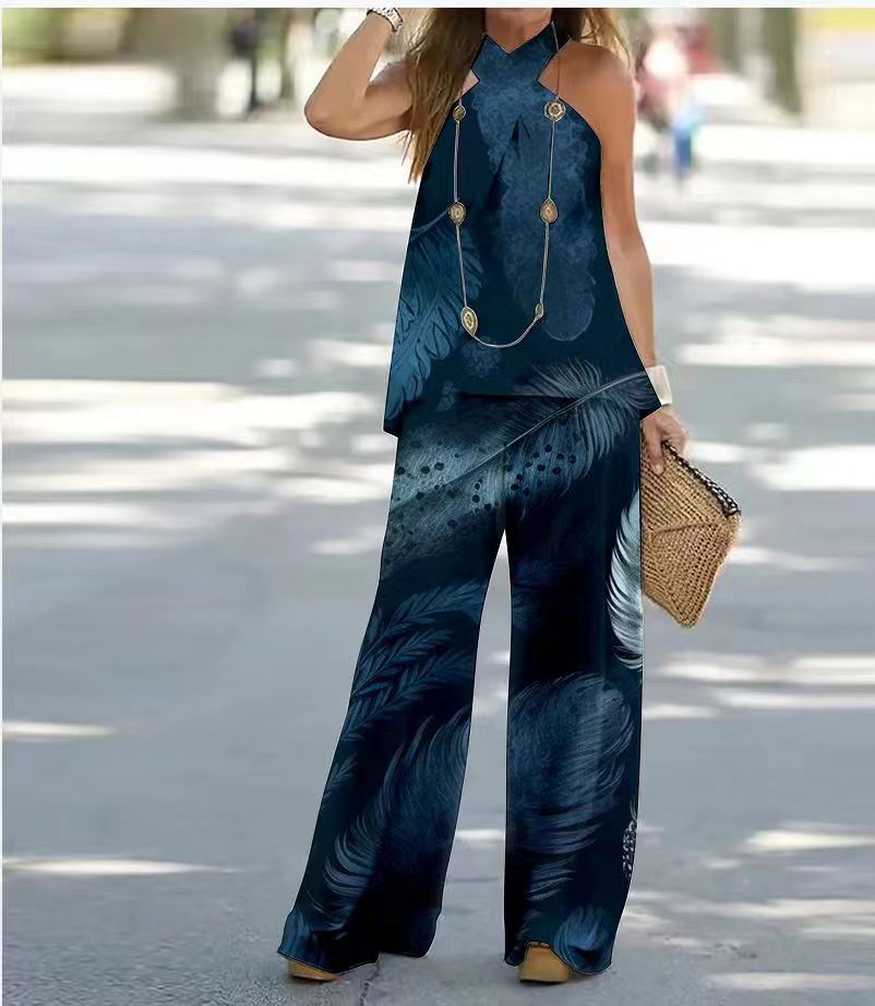 3D Print Halter Sleeveless Two-Piece Set Elegant Women's Outfit