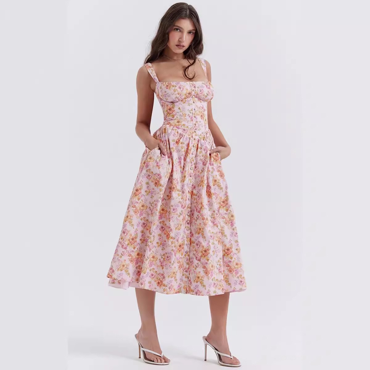 Women's Sleeveless Floral Print A-Line Midi Dress