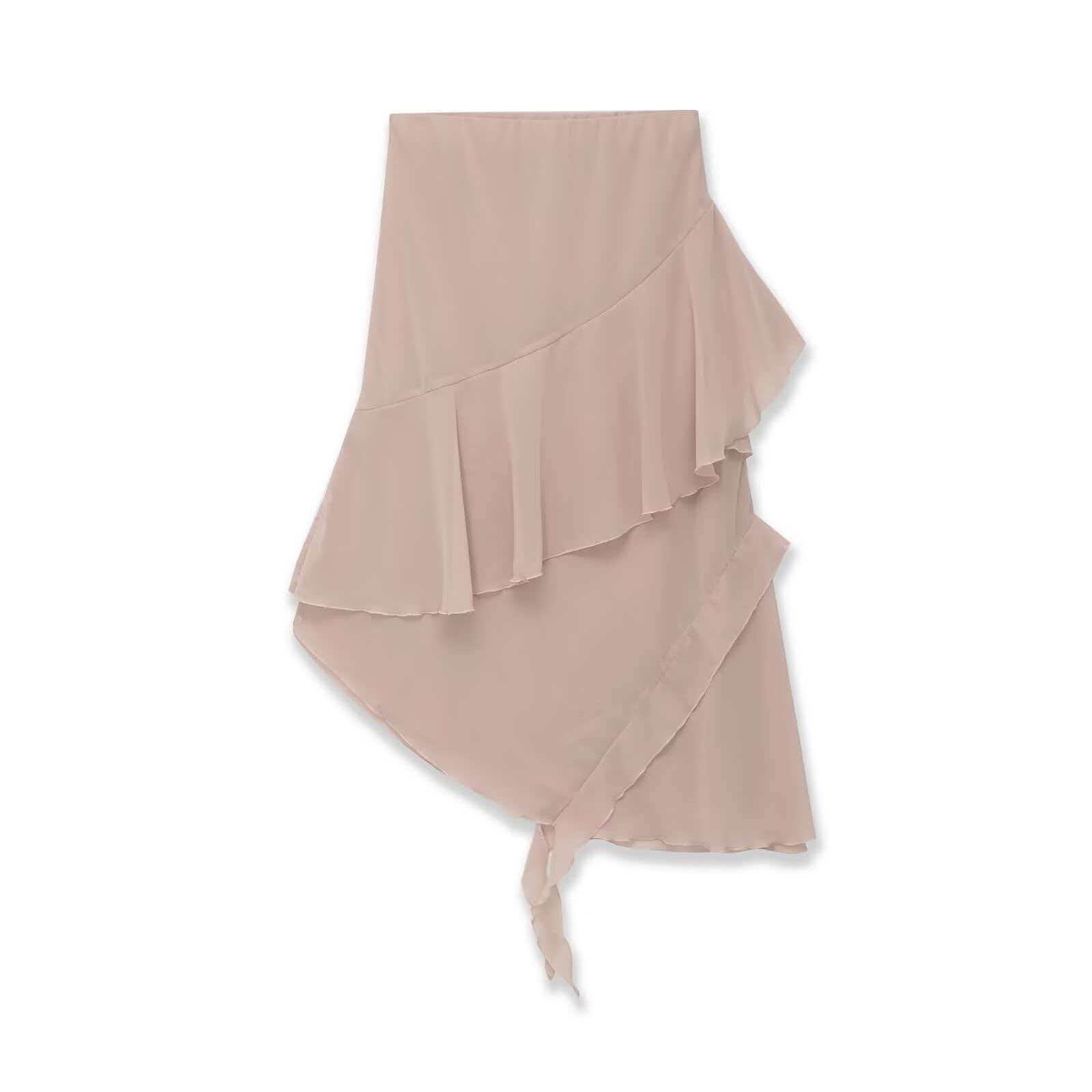 Women's Nude Pink Ruched T-Shirt and Ruffle Midi Skirt Set