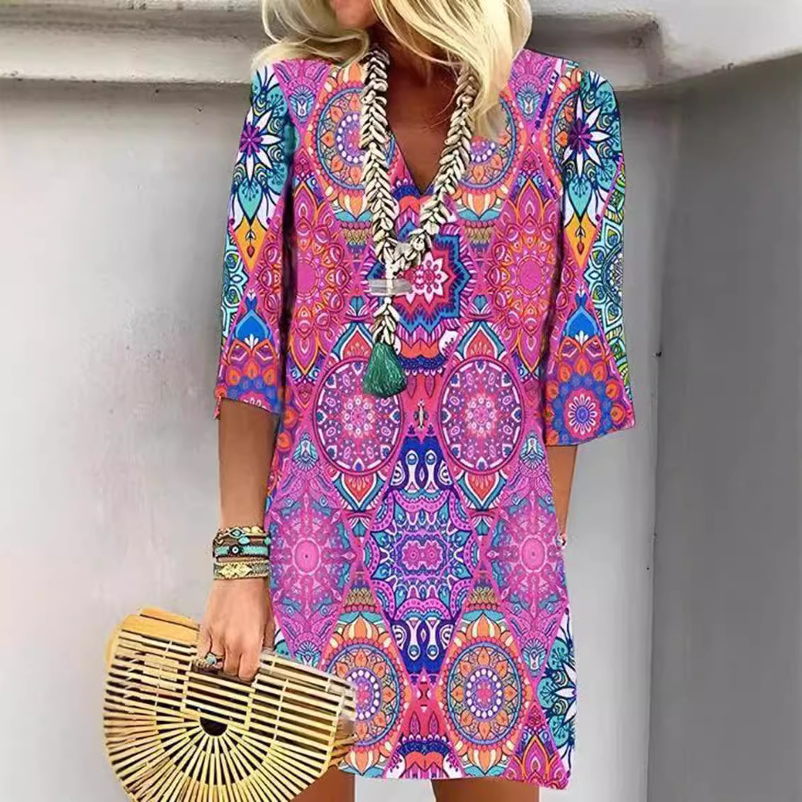 V-Neck Floral Print Loose Casual Midi Dress