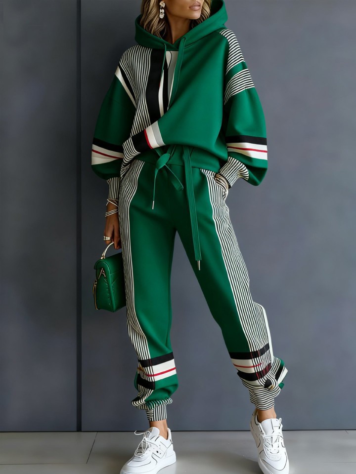 Women's Printed Hooded Long Sleeve Long Pants Casual Set