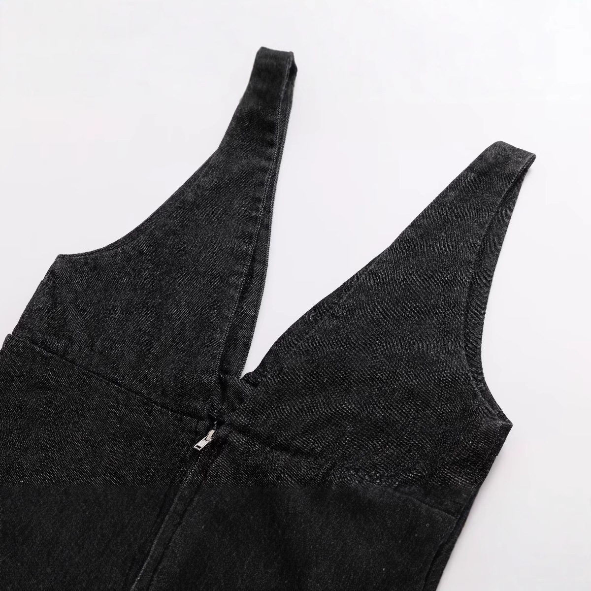 V-Neck Denim Dress Solid Color A-Line Midi