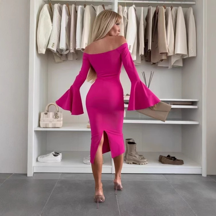 Solid Color Split Neck Trumpet Sleeve Dress