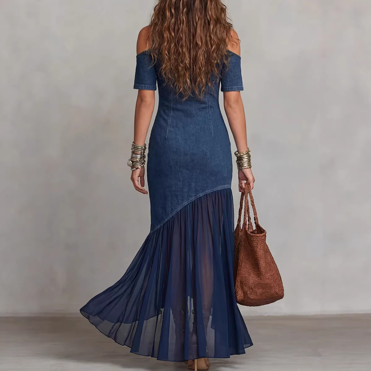 Off-Shoulder Short Sleeve French Mesh Hem Dress