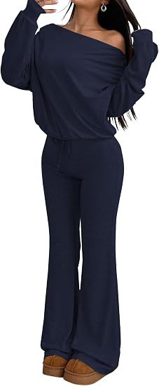 Solid One-Shoulder Long-Sleeve Top & High-Waist Flared Wide-Leg Pants Set