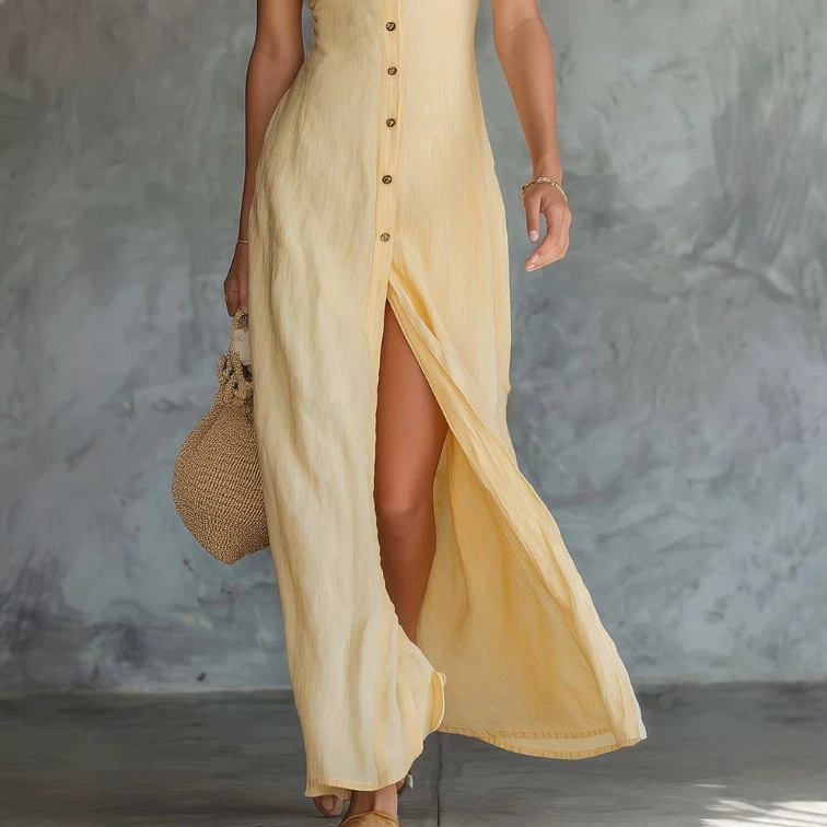 Elegant Vintage Collared Button-Front Light Yellow Shirt Dress Long