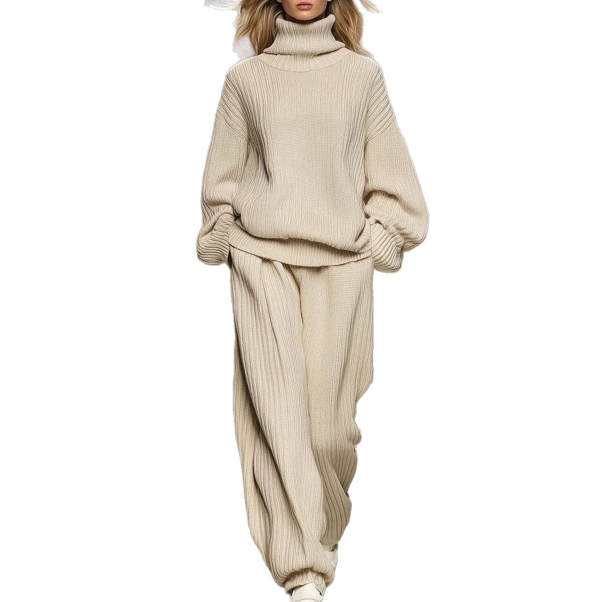 Women's Casual Knit Turtleneck Wide-Leg Pants Set