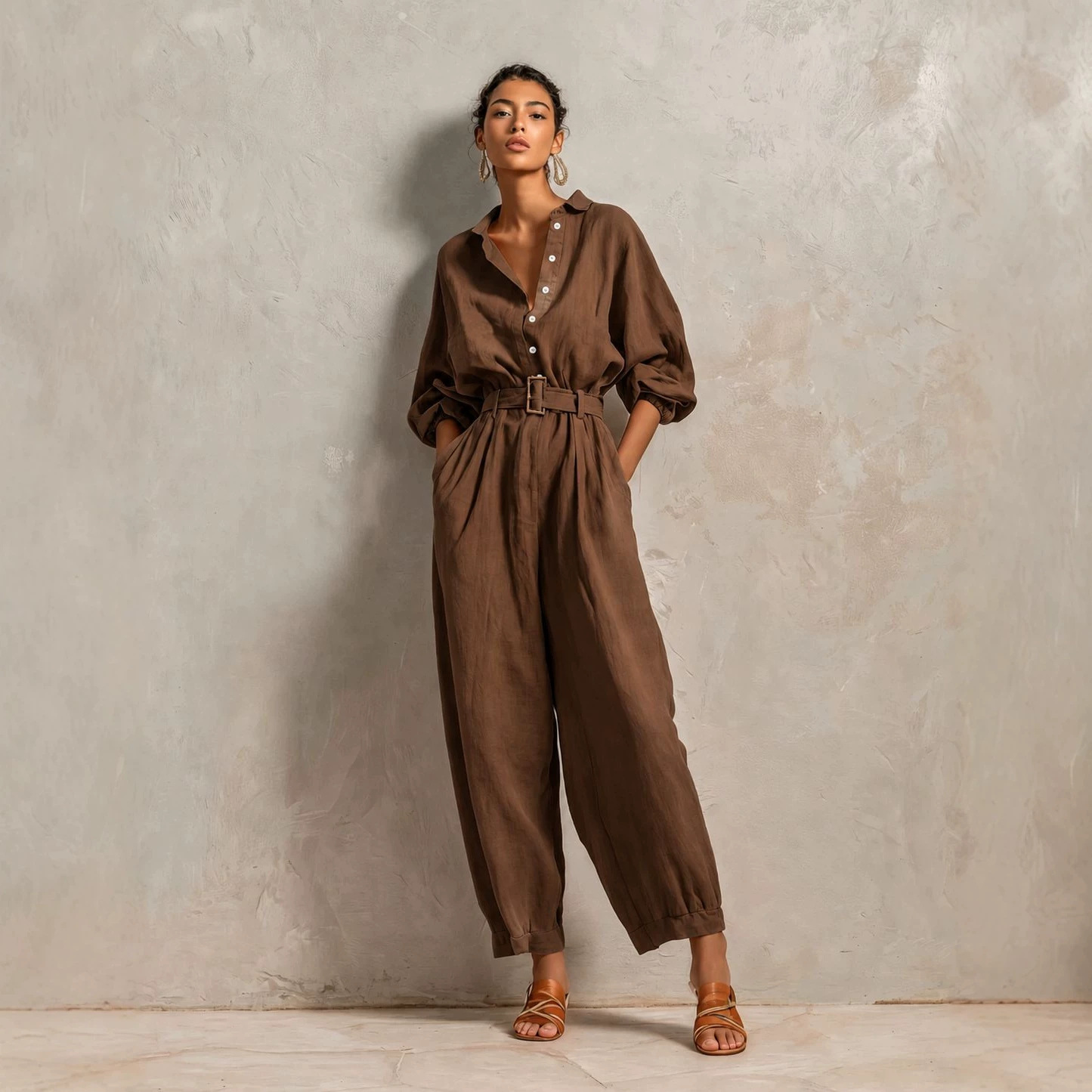 Linen-Blend Long-Sleeve Jumpsuit Casual Chic