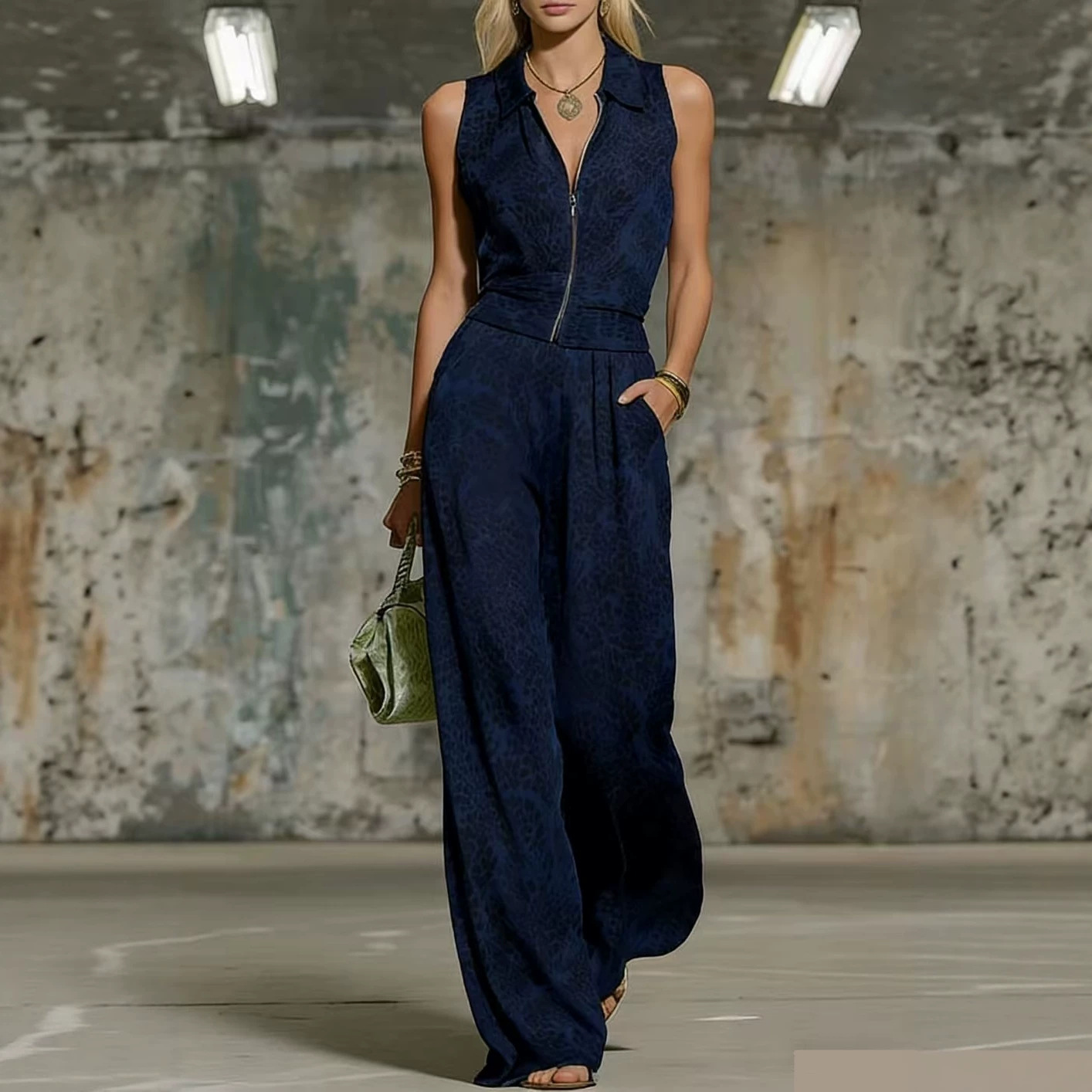 Retro Elegant Leopard Print Lapel Sleeveless Chiffon Top and Wide-Leg Pants Set