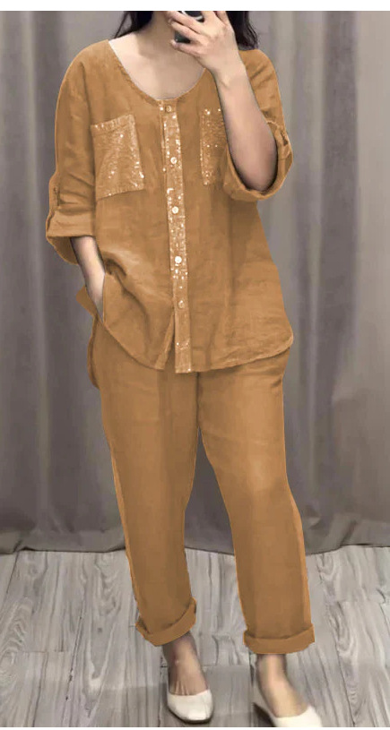 Women's Casual Two-Piece Set with Pockets, Button Placket, and Gold Accents, Round Neck
