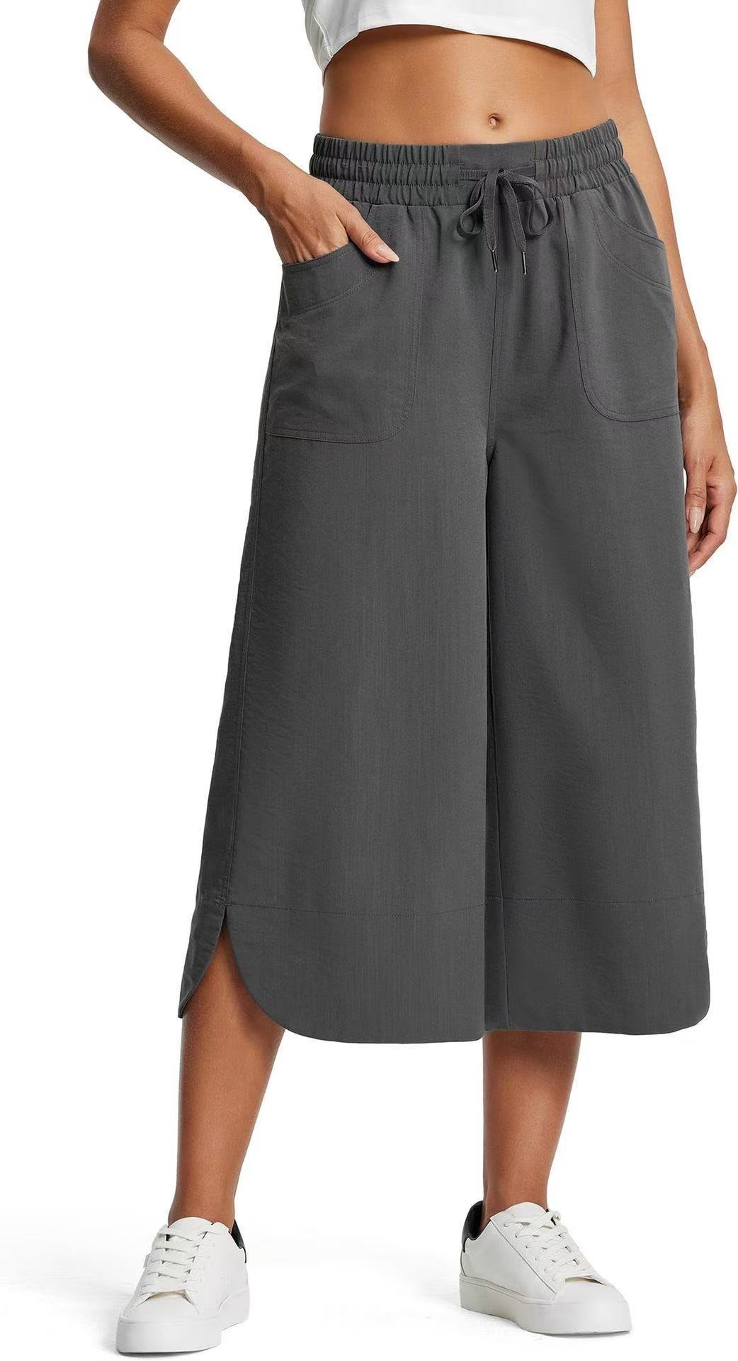 Women's Elastic Waist Solid Color Wide Leg Cropped Pants