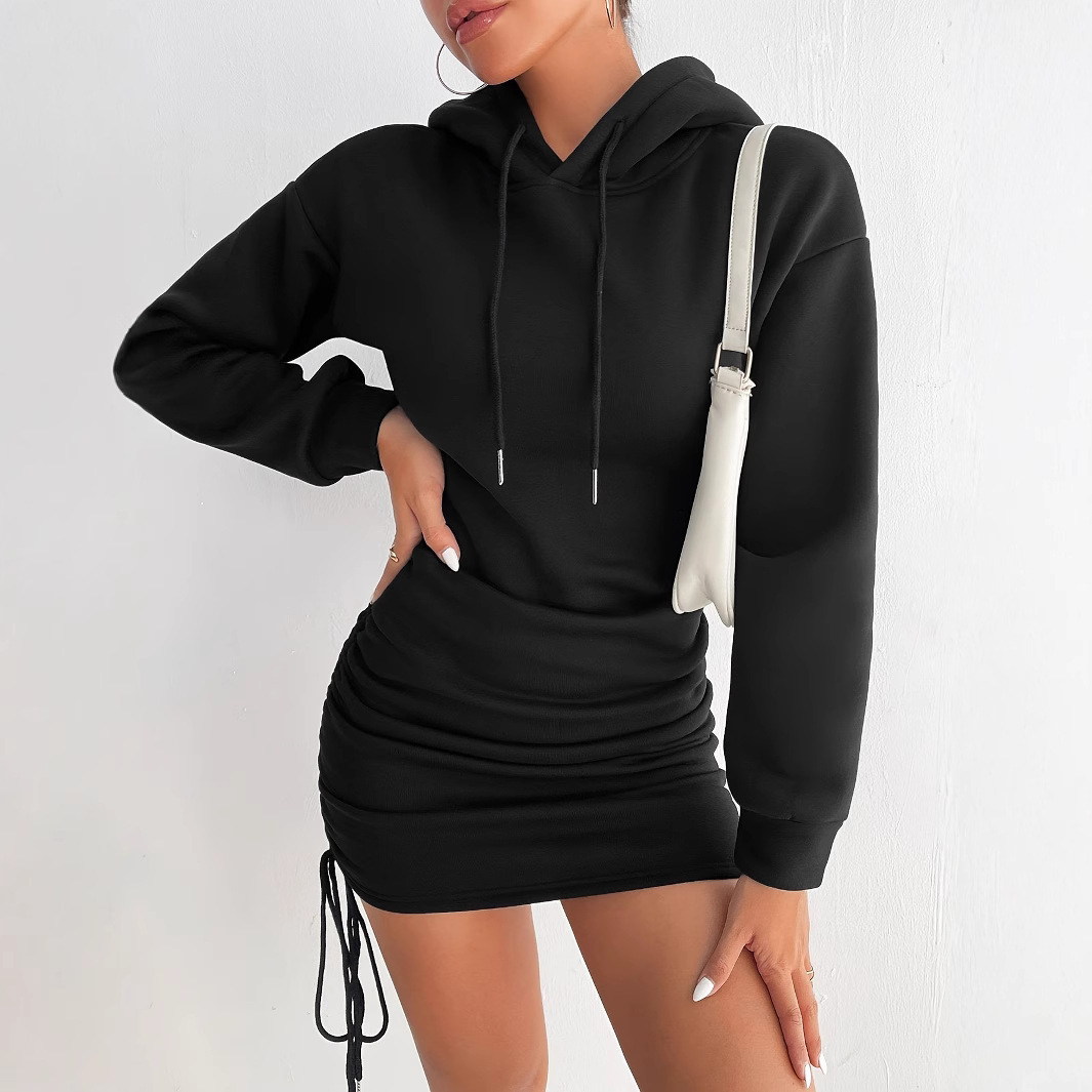Women's Hooded Sweatshirt Dress with Side Drawstring Ruched Detail