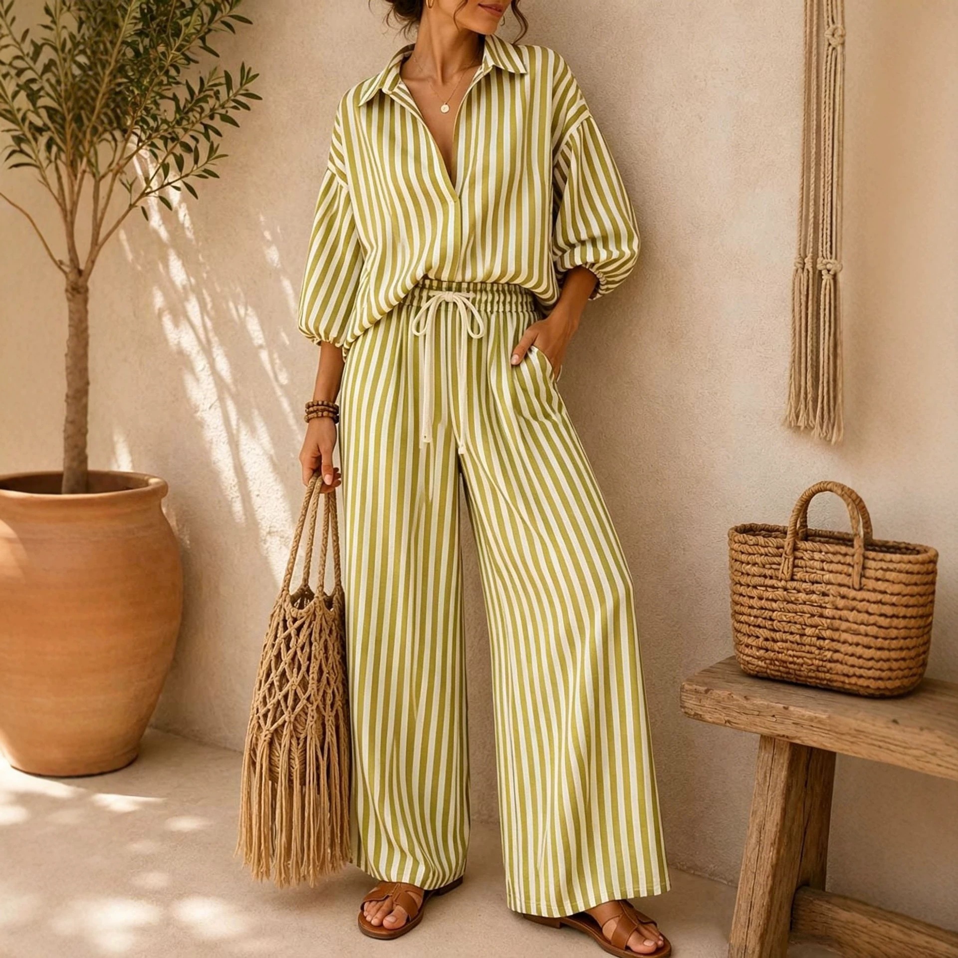 Striped Long Sleeve Shirt and Loose Pants Two-Piece Set