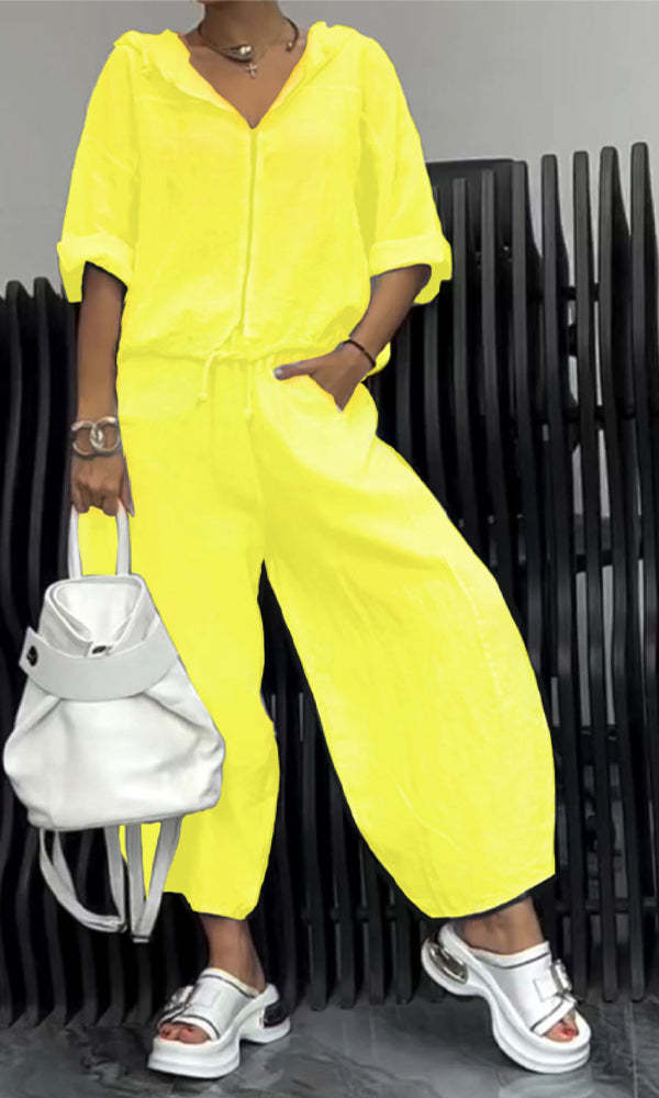 Women's Zip-Up Hooded Cotton-Linen Long Sleeve Top and Pants Set